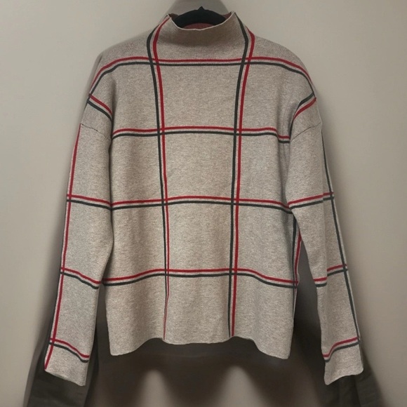 NWOT Tahari Luxe Mock Neck Plaid Sweater Tan, red, gray Size M - Picture 6 of 7